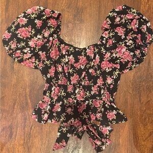 Floral Puff Sleeve Top - Black and Pink